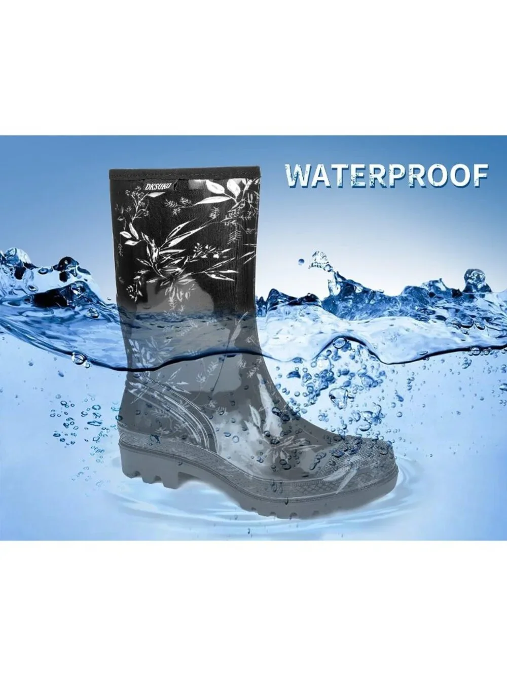 Women's Leaves Wide Calf Waterproof Rubber Garden Cushioned Insole Rain Boots